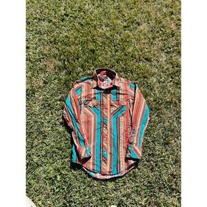 Rock & Roll Aztec Orange Turquoise Shirt Mens Small Striped Western Pearl Snap